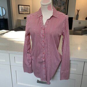 Desoto Eve Collared V Neck Striped Button Down Cotton Blouse Red Wht Sz 36 NWOT